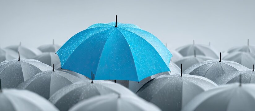 A vibrant blue umbrella stands prominently unique amidst many identical grey ones