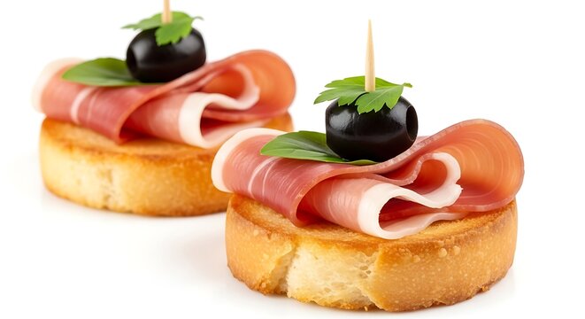 Two gourmet appetizers with prosciutto basil black olives on toasted bread slices finger food white background appetizer prosciutto delicious