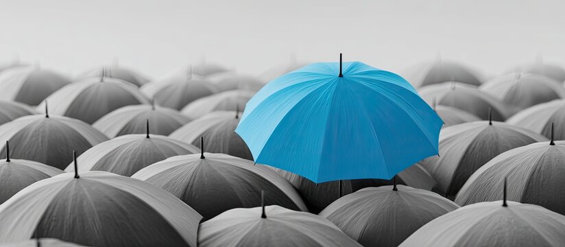 Vibrant blue umbrella stands out amongst a crowd of desaturated gray umbrellas