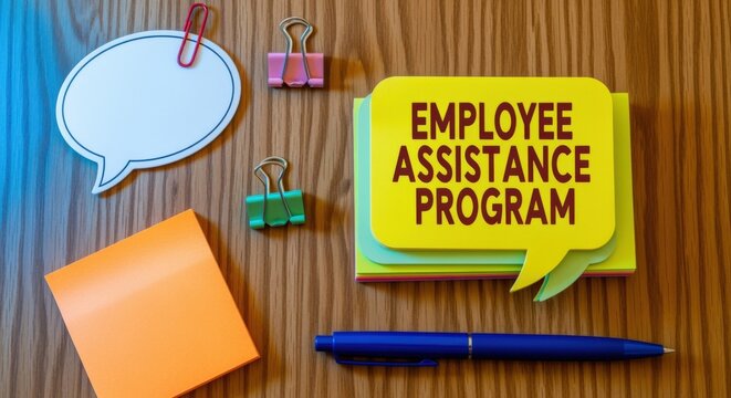 Employee Assistance Program text displayed on a yellow speech bubble with office supplies on a wooden desk