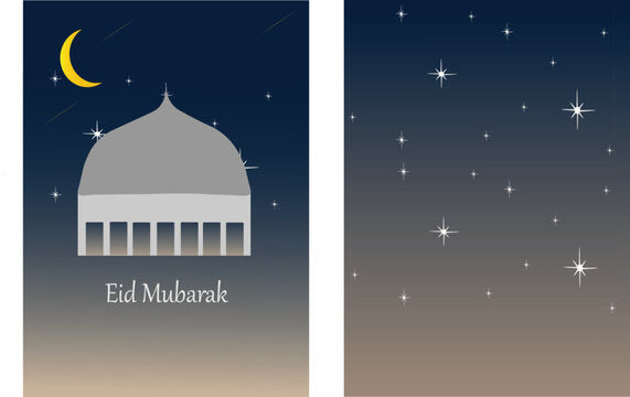Minimal Mosque at Night with Crescent Moon and Starry Sky Background. A minimalist vector illustration of a mosque under a starry night sky with a crescent moon.
