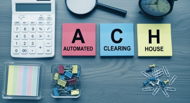 Financial Concept: Automated Clearing House (ACH) explained with sticky notes, calculator, and office supplies