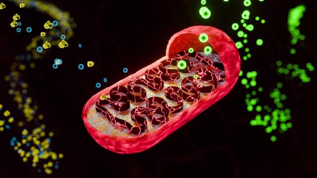 Mitochondria as cellular power plant converting fatty acids and oxygen into ATP energy through oxidative metabolism and cellular respiration processes supporting human body function and vitality. 3D 