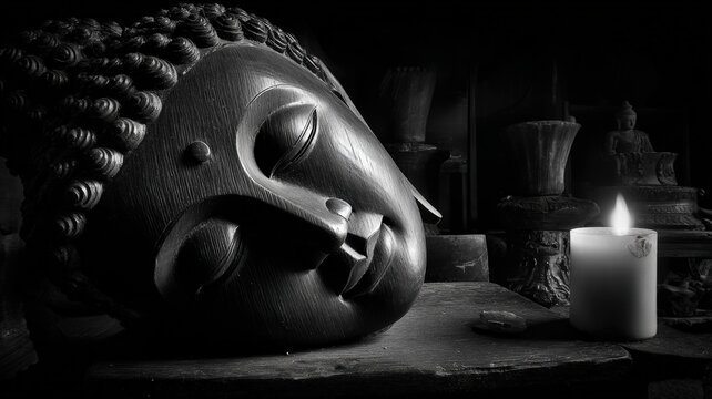 Serene Buddha statue in contemplative repose, illuminated by a single glowing candle in soft, dramatic black and white