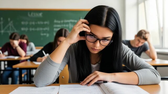 Student Is Focused On Taking Test In Classroom With Other Students In The Background Doing The Same Blackboard Is Visible For Education Exams