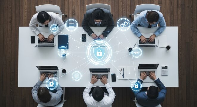 Diverse Team Collaborates in Modern Office Meeting Room, Discussing Digital Security and Data Protection