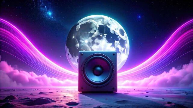 A speaker stands before a large moon and nebulae-like, glowing streams in a neon space landscape
