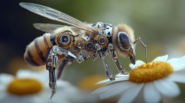 Intricate Robotic Bee with Mechanical Gears Interacting with Daisy Flower in Natural Setting