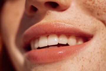 Fototapeta premium Close-up of a smiling woman's face with clear skin, freckles, and glossy lips in soft sunlight