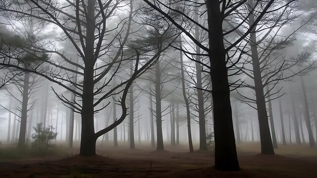 Mystical Forest: A captivating scene of trees shrouded in a thick fog, creating an eerie yet enchanting atmosphere, as the sun barely penetrates the veil.