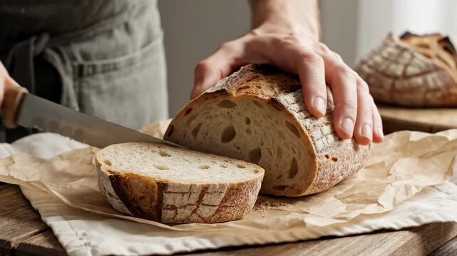 This shows a person cutting a freshly baked loaf of bread with a serrated knife on a wooden table in a bright kitchen. The loaf is placed on parchment paper, and another loaf is visible in the