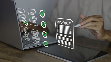 Managing digital invoices and financial documentation through an automated system. Icons for invoices, quotations, and profiles with green checkmarks show efficient electronic billing workflows © denis