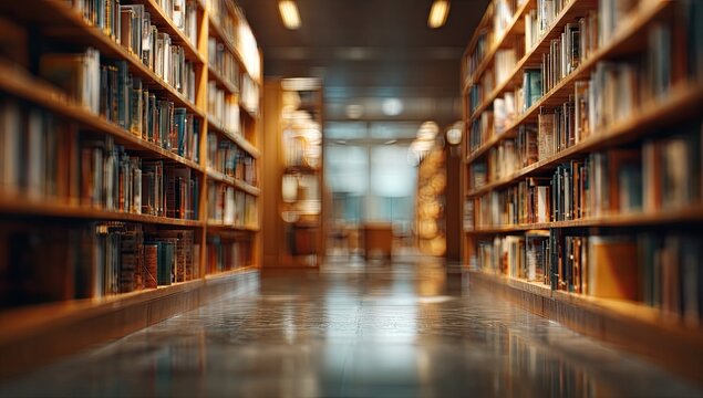Low-angle view of a library aisle, with tall bookshelves extending into the blurred distance