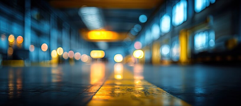 Blurred industrial interior with yellow floor line and glowing bokeh lights