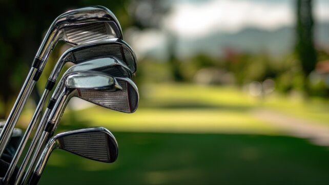 Set of Golf Clubs Lying on Green Course with Blurry Background