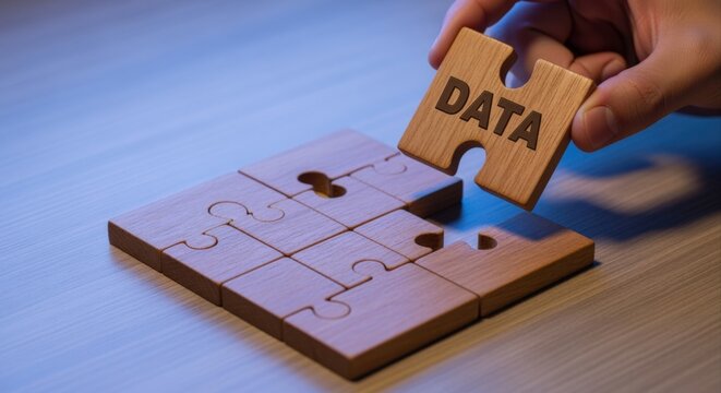 Hand Placing Wooden Jigsaw Puzzle Piece Labeled DATA into Incomplete Solution, Symbolizing Data Integration and Problem Solving