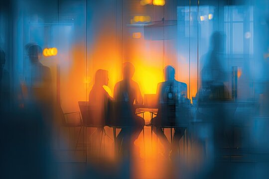 Blurred silhouettes of people in a meeting room with orange and blue light