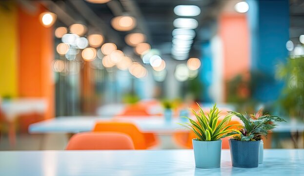 Two small potted plants on a white table with a blurred colorful office interior