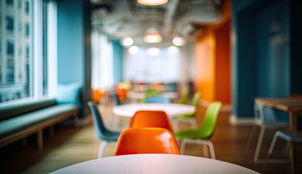 Colorful chairs and tables in a blurred, modern, vibrant office cafeteria space
