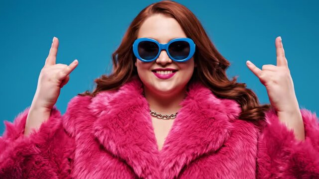 This features a woman dressed in a pink fur coat and sunglasses, striking a confident pose with a rock gesture in front of a solid blue background. The portrait exudes a playful and vibrant atmosphere
