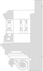 Technical architectural drawing showing a cross-section detail of a classical balcony featuring a balustrade with turned balusters and an ornate scroll corbel bracket supporting the ledge. © Riki