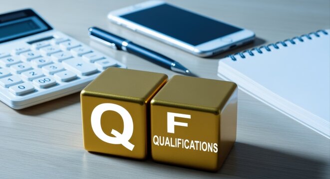 Gold Lettered Blocks Displaying QF for Qualifications with Office Supplies on a Desk
