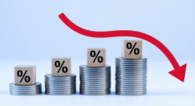 Falling Red Arrow Over Stacked Coins and Percentage Blocks Symbolizing Declining Interest Rates