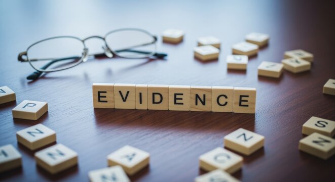 Scrabble Tiles Spell Out 'Evidence' Surrounded by Random Letters and Glasses on a Wooden Desk