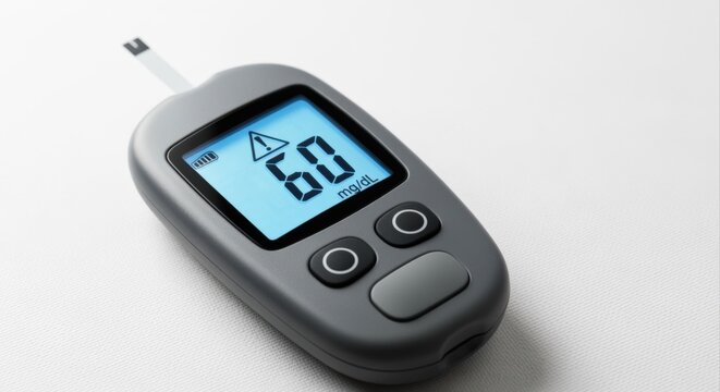 Close up of a digital glucose meter displaying a low blood sugar reading with a warning symbol