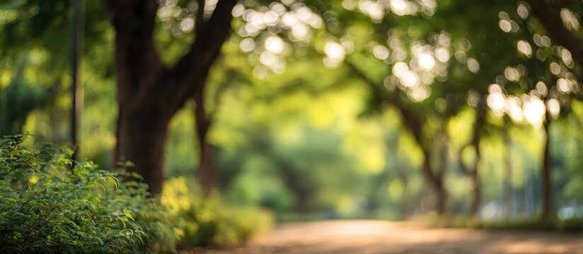 Blurred park path with lush green trees and foliage, sunlight filtering through leaves