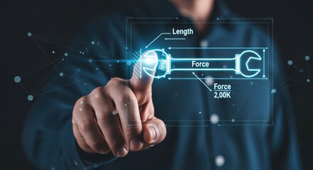 Fototapeta premium Hand interacting with holographic blueprint of wrench with force and length measurements for engineering precision