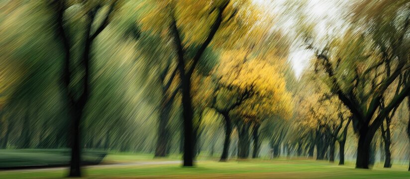 Motion-blurred autumn trees line a path, creating a vibrant, streaky abstract landscape