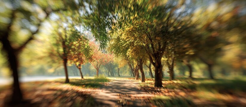 Vibrant autumn trees line a blurry park path, creating a sense of movement and depth