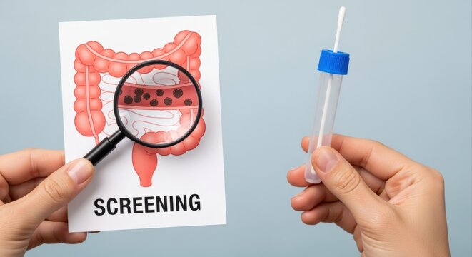Medical Illustration Demonstrating Colon Screening and Fecal Sample Collection Kit
