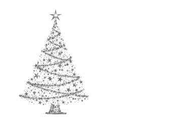 Fototapeta premium Abstract Christmas tree, silver glitter lines, glittering stars, bright star at apex, on transparent background with copy space, modern holiday celebration concept