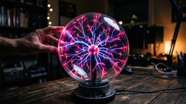 Hand touches glowing plasma ball on wooden desk