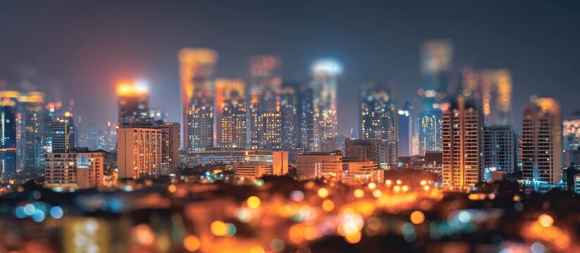 Vibrant tilt-shift city skyline at night with illuminated buildings and glowing bokeh lights