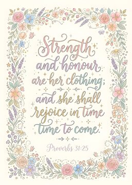 Powerful Scripture Quote Illustration "Strength and honour are her clothing.." with Dainty Floral Border and Pastel color Scheme