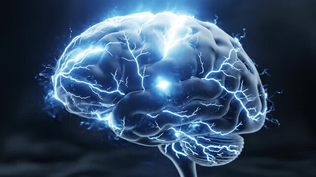 This features a stunning 3D rendering of a human brain with glowing blue neural connections. The dark background highlights the intricate details of the brain's anatomy, making it an excellent visual