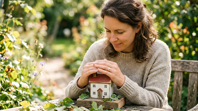 Woman holding small house model carefully.