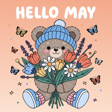 Cute Teddy Bear with Flowers &ndash; Hello May Spring Illustration