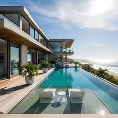 Fototapeta premium Luxury Beachfront Villa with Infinity Pool and Ocean Views.