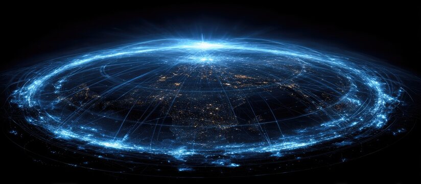 Abstract global network on Earth at night with glowing blue connection lines