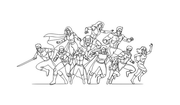Continuous line drawing of a team of heroes vector illustration in dynamic action poses