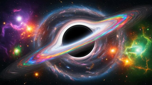 Cosmic Depiction Of Black Hole In Deep Space Encircled By Colorful Swirling Gas Light With Nebulae Stars Creating Stunning Interstellar Background For Science Space Exploration Conte