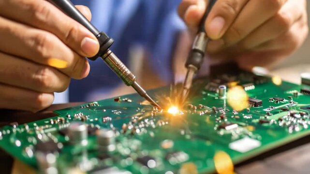 Soldering Electronics: Close-Up of Circuit Board Repair with Sparks