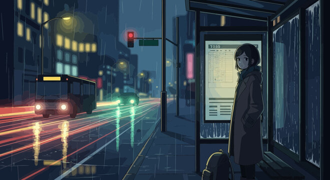 Person waiting at bus stop at night.