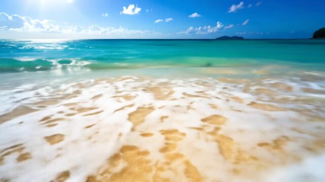 Serene Beach Waves Crashing on Golden Sand Under Sunny Sky