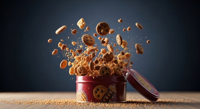 Cookies explosion from a canister with crumbles and dark background