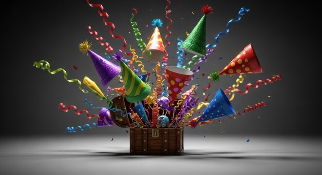 Exploding party box with colorful streamers and festive party hats